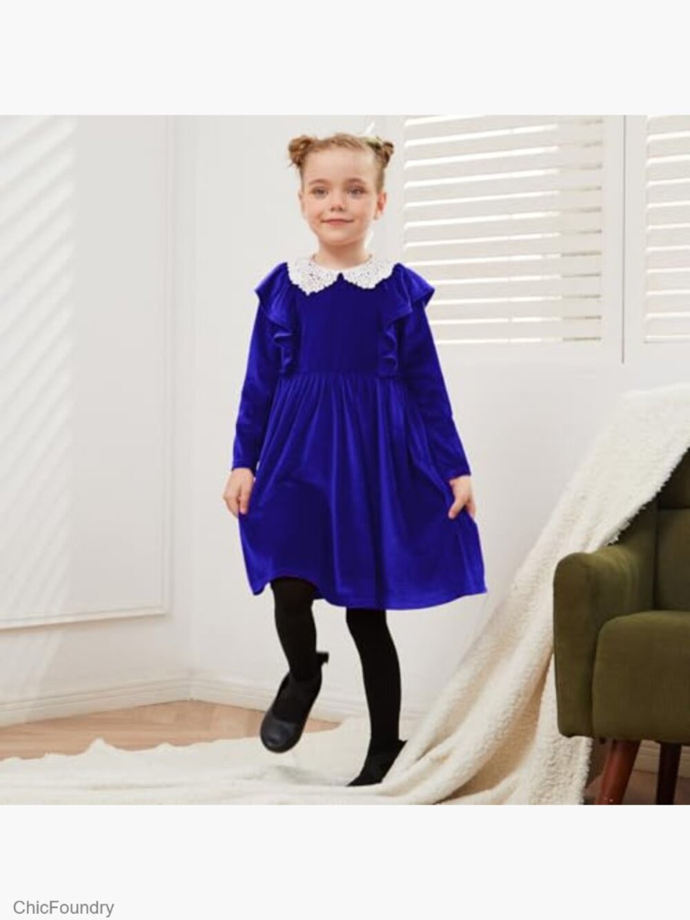 Girls Velvet Dress Ruffle Trim Long Sleeve Midi Guipure Lace Collar Party - Picture 4 of 5